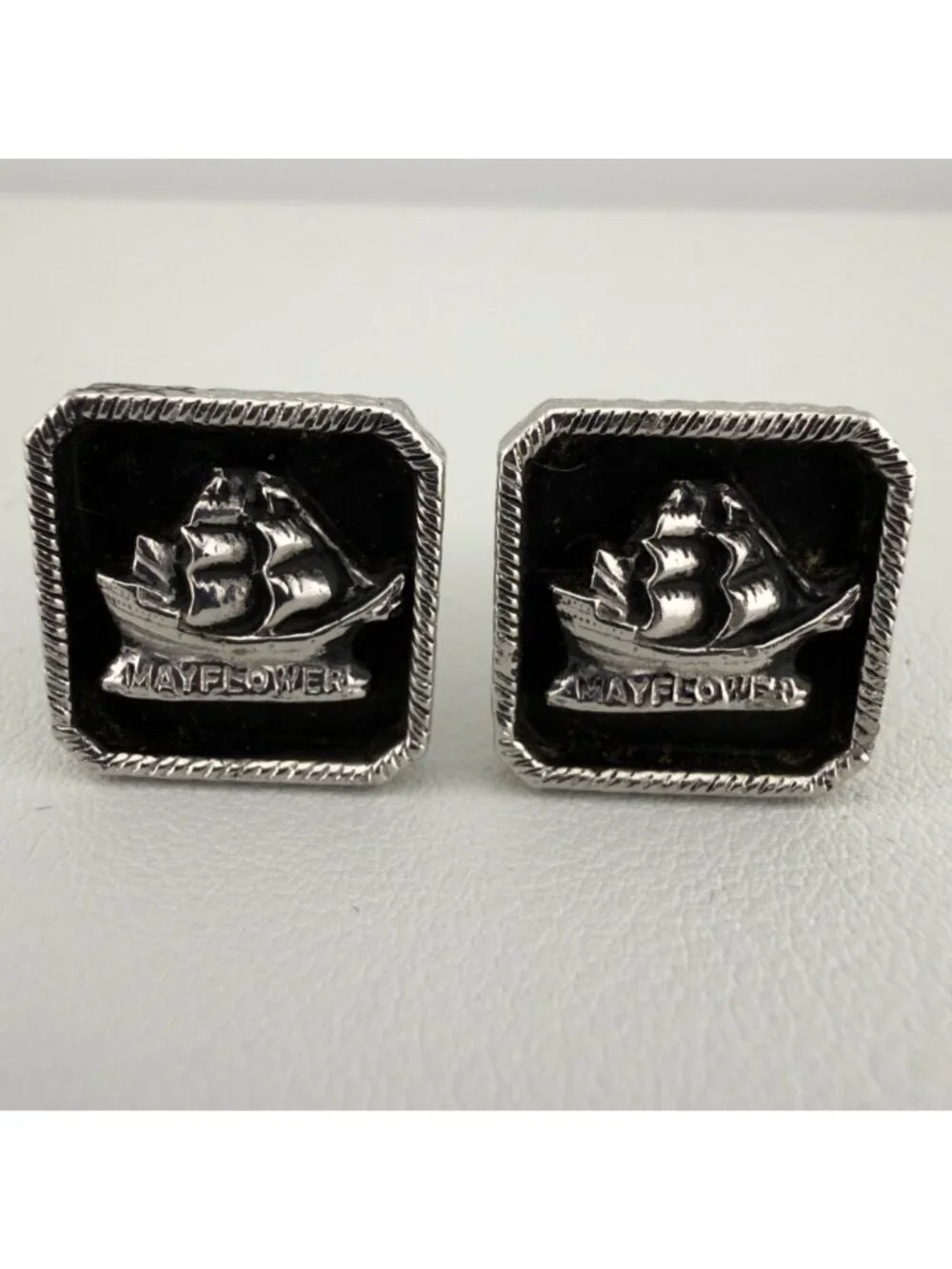 Vintage Cufflinks Set of 2 Tall Ships Mayflower Silver Tone Nautical Sailing